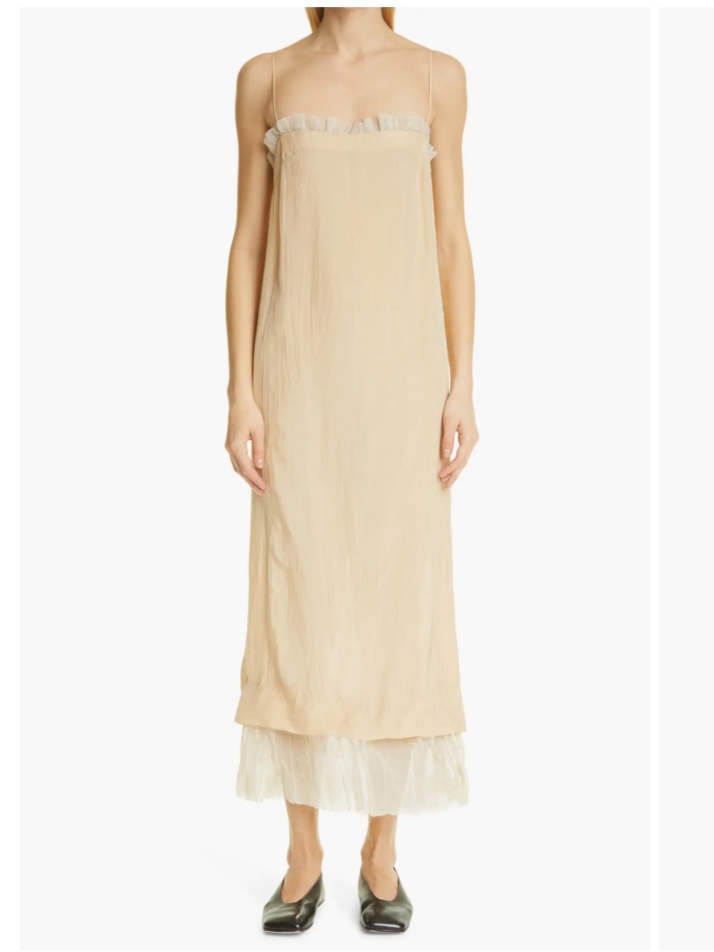 KHAITE Sheer Ruffle-Trim Slip Dress in Nude